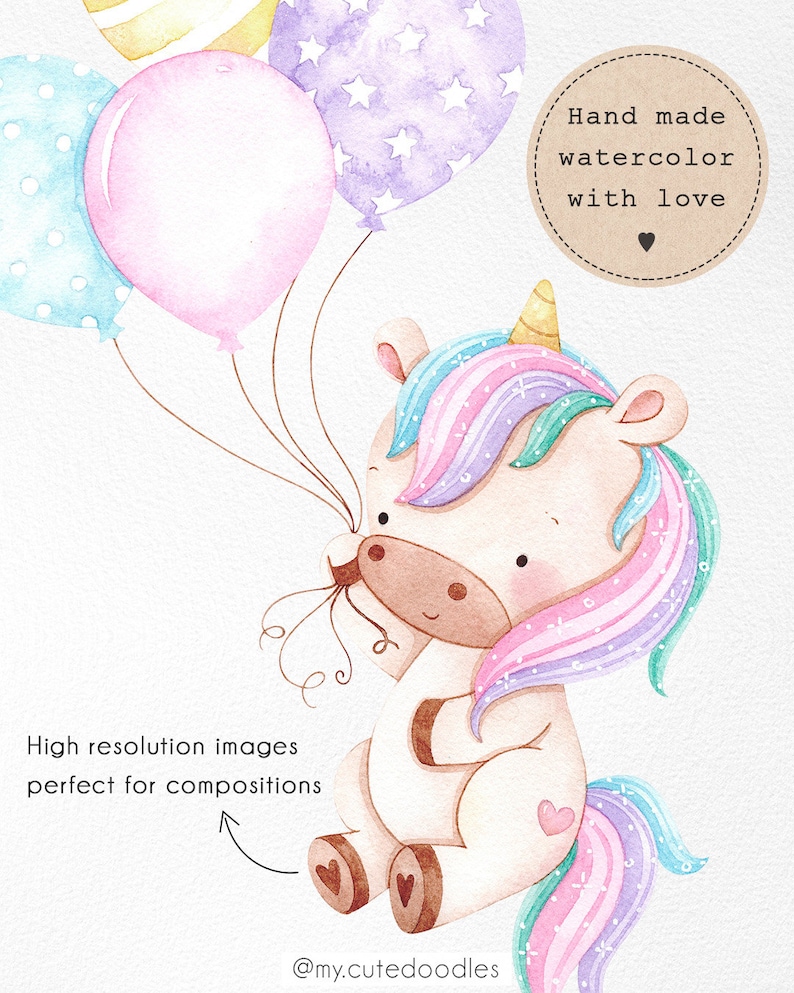 Cute Unicorn Watercolor clipart, Instant download, rainbow clip art , Magic unicorn graphics, candy color, party supplies image 6