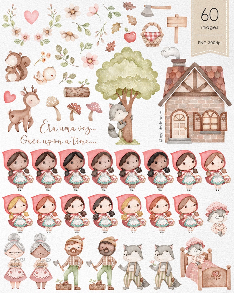 Little Red Riding Hood watercolor clipart, Woodland animals watercolor, love decor art,love couple animals graphics image 2