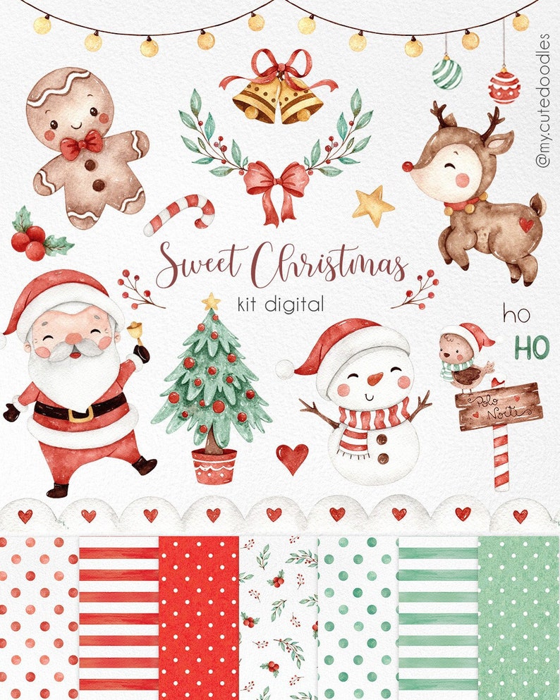 Sweet Christmas watercolor clipart, Cute Santa watercolor graphics, Winter Holidays Watercolor png 