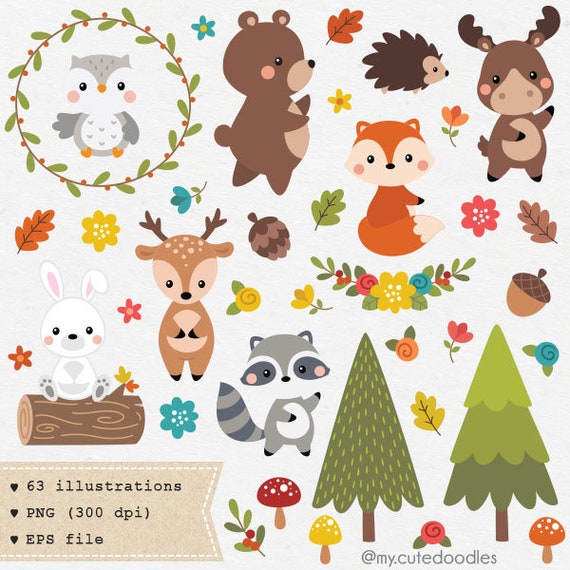 Woodland Friends Clipart Cute Woodland Animals Nursery Etsy