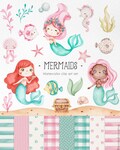 Cute Mermaids Watercolor Clipart - little and magical under the sea creatures, Baby shower, baby fish, cute ocean animals png product logo