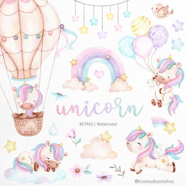 Unicorn Watercolor clipart,  Instant download, rainbow clip art , Mag…