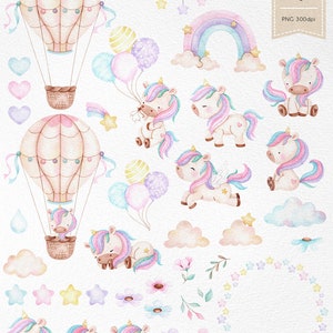 Cute Unicorn Watercolor clipart, Instant download, rainbow clip art , Magic unicorn graphics, candy color, party supplies image 2