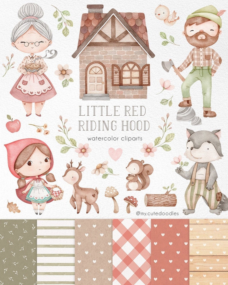 Little Red Riding Hood watercolor clipart, Woodland animals watercolor, love decor art,love couple animals graphics image 1