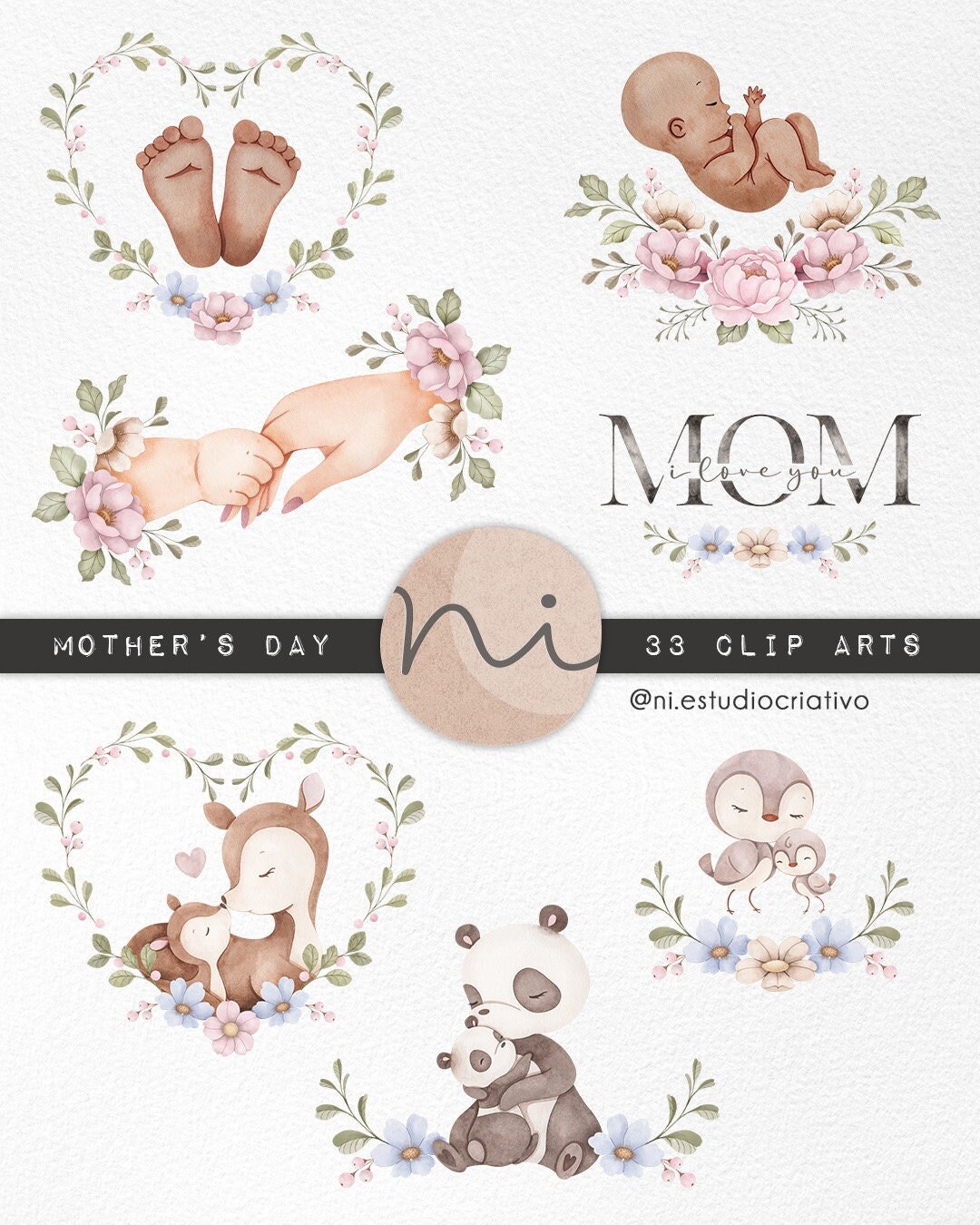 Mother's Day Watercolor Clipart Set, Animal Mom and Baby, Love You ...