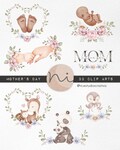 Mother's Day watercolor clipart set, animal mom and baby, love you mommy, mom day png graphics, mommy watercolor art, Mommy and me gift product logo