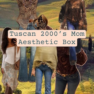 Peut inclure: Un collage de vêtements comprenant un haut blanc à épaules dénudées, une jupe à motifs, des bottes marron, un jean bleu évasé, un haut beige à franges et des hauts en dentelle marron. Le texte "Tuscan 2000's Mom Aesthetic Box" est centré.