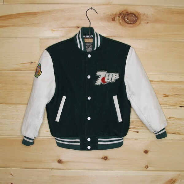 Vintage 7up Varsity Button Up Jacket Roots Canada Leather Sleeves Rare Promotional Youth Kids Medium Has Wear