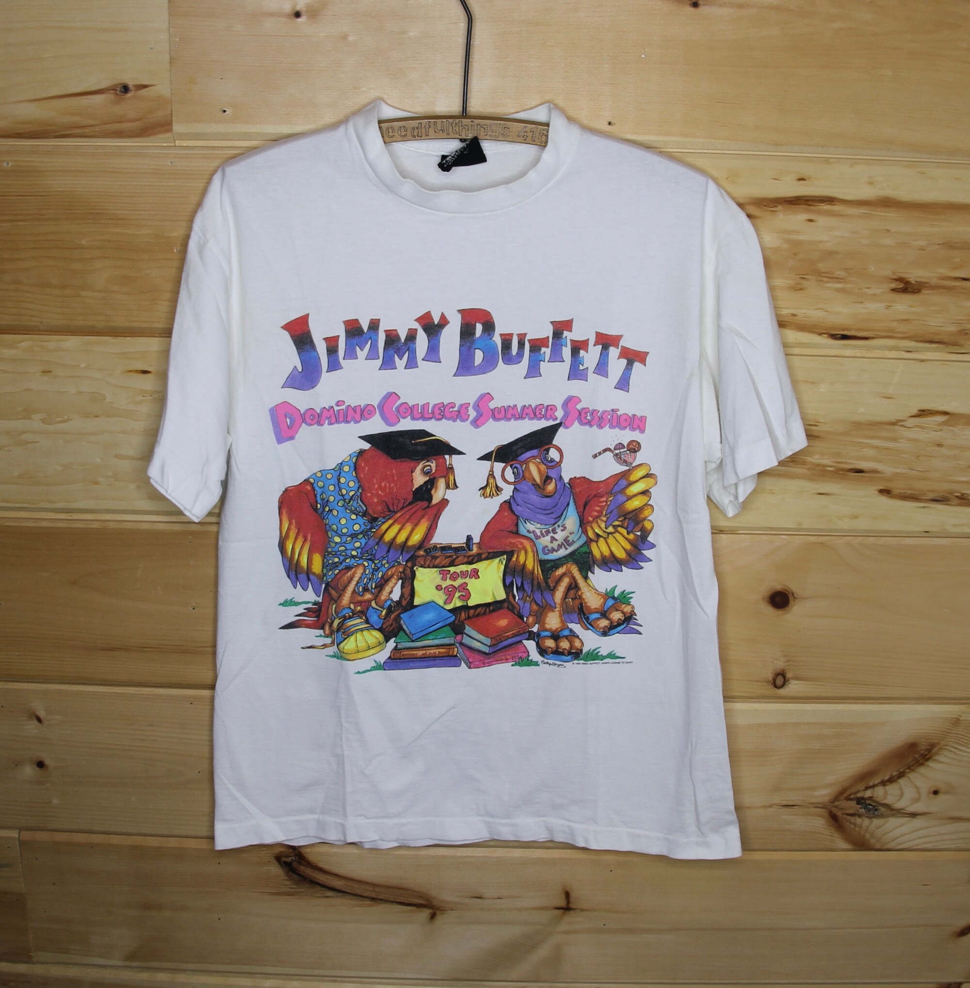 Vintage Jimmy Buffett's Domino College Summer Sessions 1995 Tour Single Stitch Parrots White T-Shirt Adult Size Large