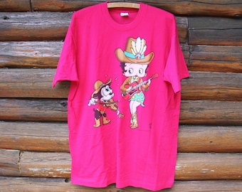 Vintage Betty Boop Western Cowboy Cowgirl Guitar 1994 King Features Pink Single Stitch T-Shirt Adult Size XL
