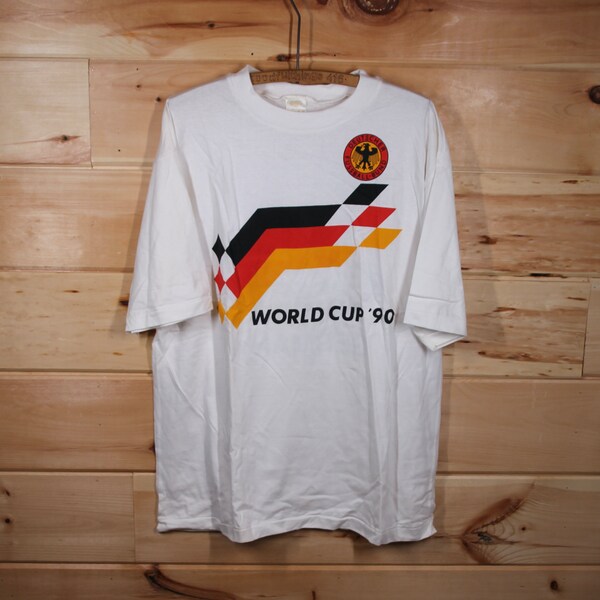 Vintage Germany 1990 World Soccer Champs Football Soccer Single Stitch White T-Shirt Adult Size XL Deutscher Fussball-Bund