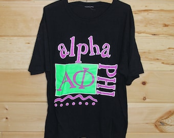 Vintage Alpha PHI Neon and Pink Women's Fraternity Single Stitch Black T-Shirt Adult Size L / XL