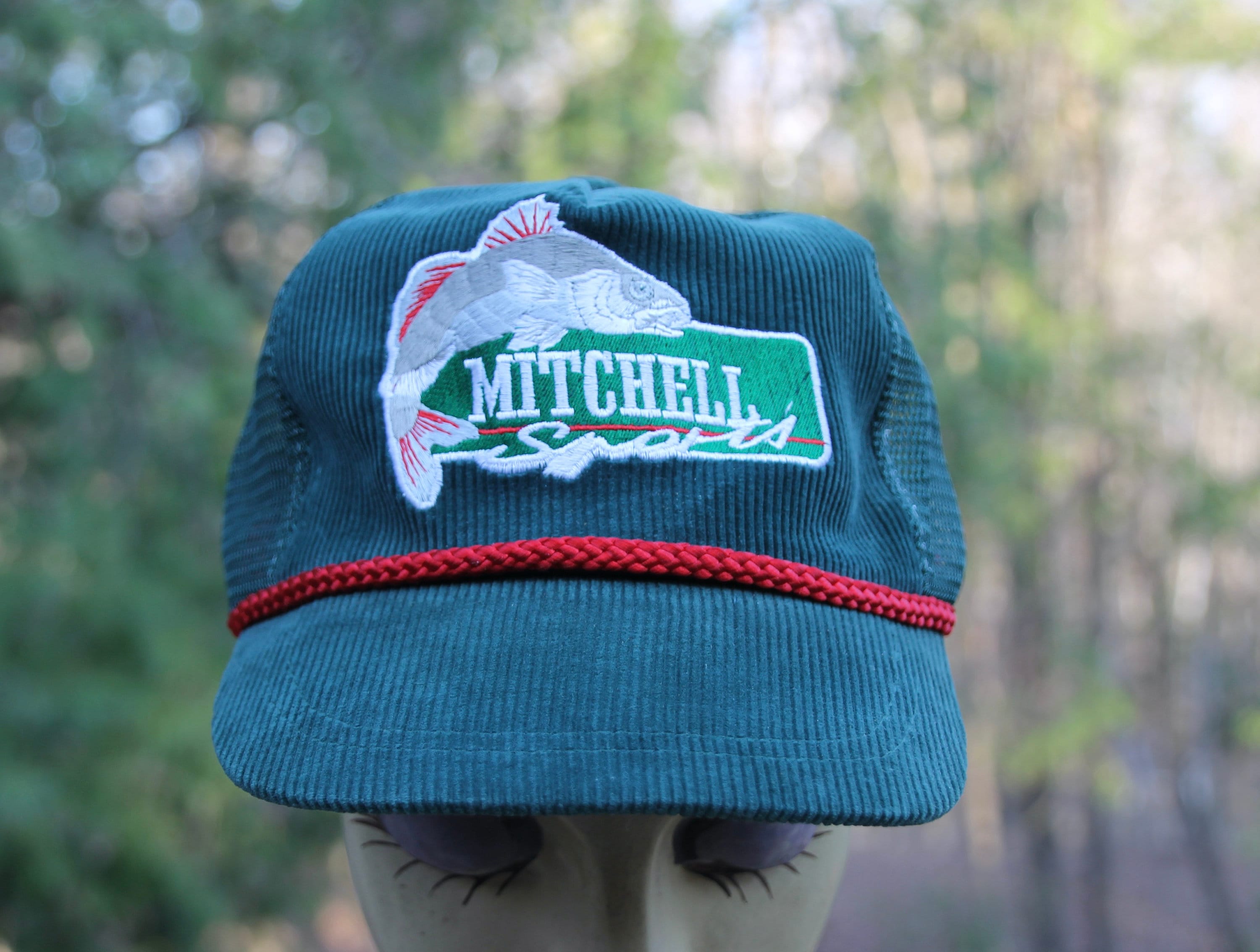 Vintage Mitchell Sports Fishing Fish Green Corduroy Rope Adjustable  Snapback Trucker Hat Cap Adult Size