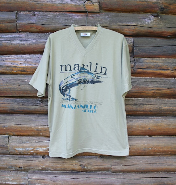 Vintage Marlin Manzanillo Mexico Fishing V Neck Beige T-shirt Adult Size  Large -  Canada