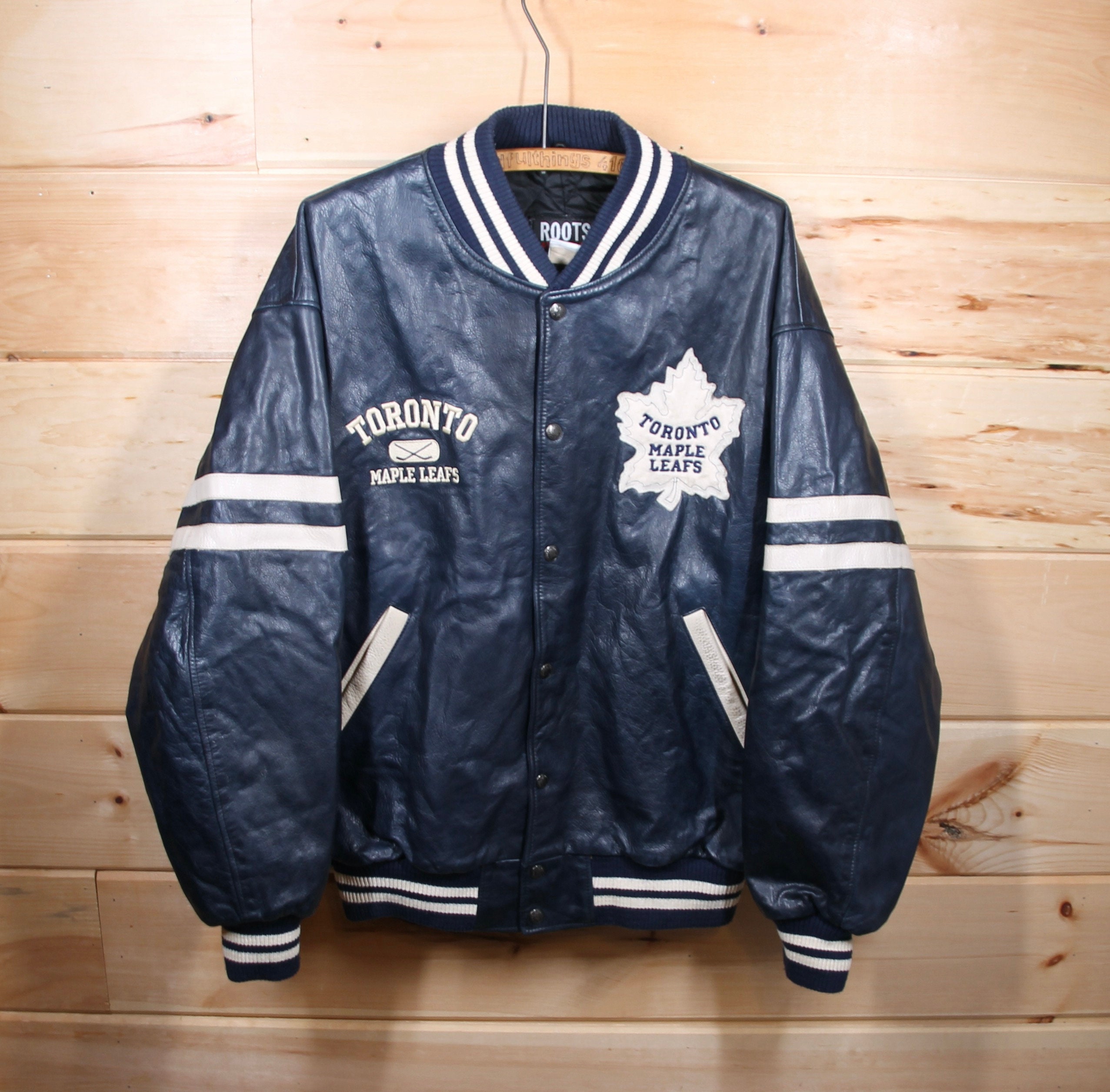 Toronto Maple Leafs Nike Varsity Leather Vintage Bomber Jacket Size XL Blue