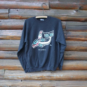 Vintage 1990 Native Art Whale Animal Nature Wildlife Alaska Black Pullover Sweatshirt Size Large