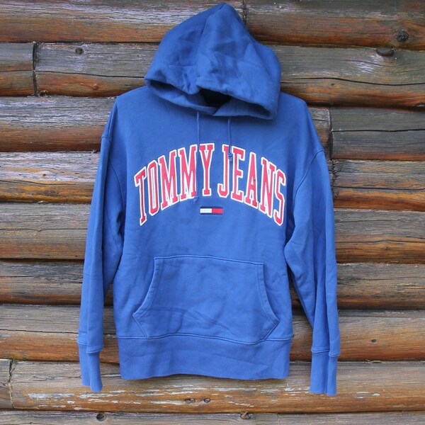 Vintage Tommy Hilfiger Spell Out Blue Pullover Hooded Sweatshirt Adult Size Small