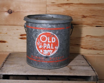 Vintage Old Pal Metal Minnow Bucket - Fishing Bait Pail Cottage Advertising Home Decor