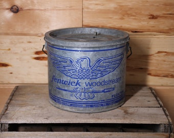 Vintage Fenwick Woodstream Metal Minnow Bucket - Fishing Bait Pail Cottage Advertising Home Decor