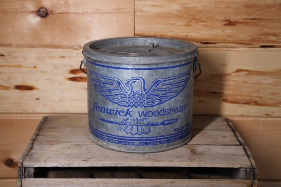 Vintage Fenwick Woodstream Metal Minnow Bucket Fishing Bait Pail