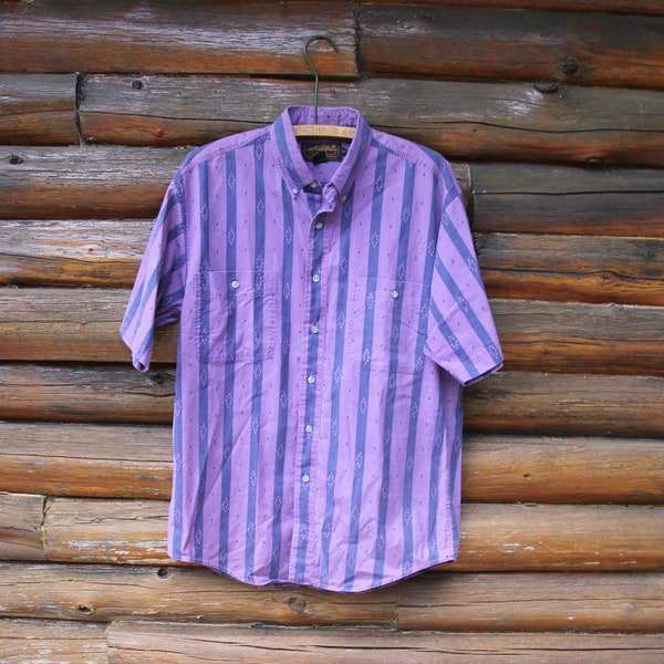 Vintage Eddie Bauer Purple Striped Short Sleeve Button Up Collared Shirt Adult Size Medium