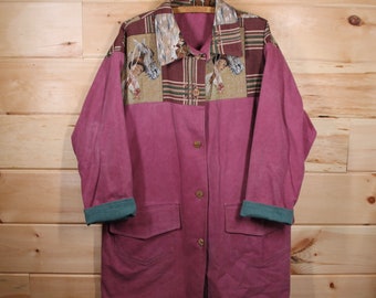 Vintage Western Horse Equestrian Themed Trench Button Up Reversible Long Coat Adult Size Large