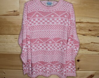 Vintage Royal North Mills Outfitters Cotton Pullover Pink and White Knit Sweater Adult Size XL