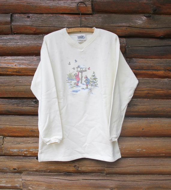 Vintage Northern Reflections Kids at Bird Feeder in Winter Cream V-neck  Pullover Sweatshirt Adult Size Medium 