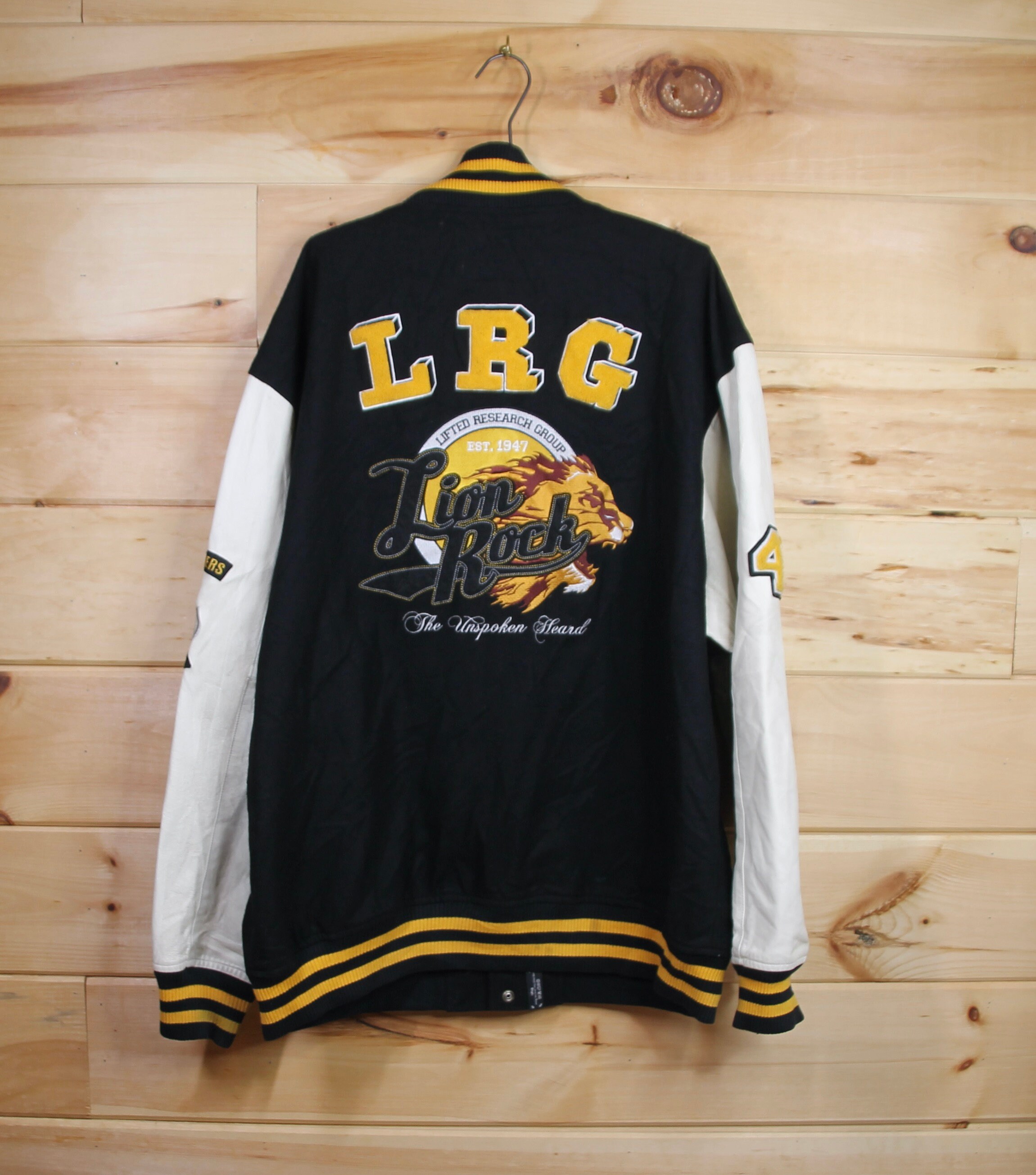 Vintage LRG Lifted Research Company Lion Rock The Unspoken Heard Leather Sleeve Varsity Jacket Adult Size Large 4XL XXXXL