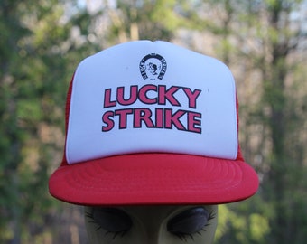 Vintage Lucky Strike Fishing Lures Fish Red Snapback Trucker Baseball Hat Cap