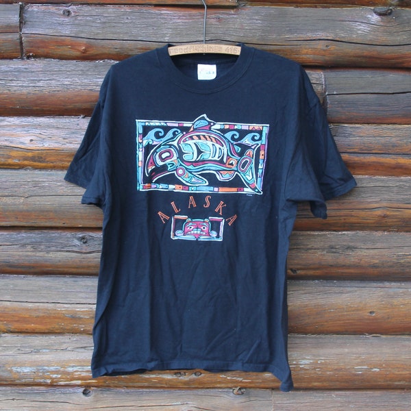 Vintage Alaska Native Art Whale Fish Bear camiseta negra tamaño adulto grande