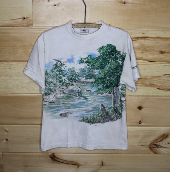 Vintage Fly Fishing in River Florida Wrap Around Print Nature Wildlife T- shirt Adult Size Medium 