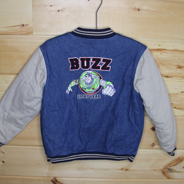 Vintage niños Disney Toy Story Buzz Lightyear botón hasta chaqueta varsity tamaño grande