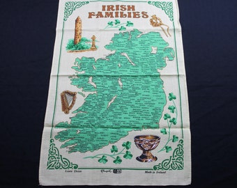 Vintage Irish Families Map Linen Kitchen Tea Towel Retro Decor