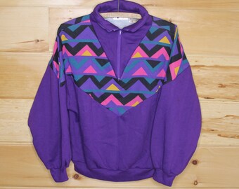 Vintage Ashley Taylor Quarter Zip Pullover Retro Funky Purple Collared Sweatshirt Adult Size Large