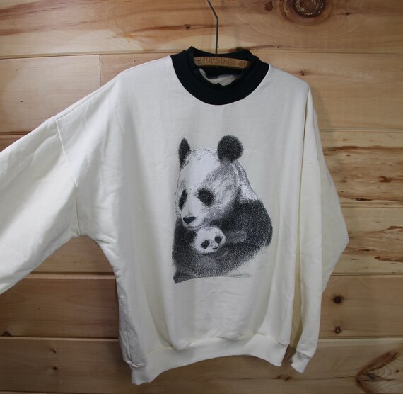 Vintage Panda Bear with Baby Cub White Pullover S… - image 2