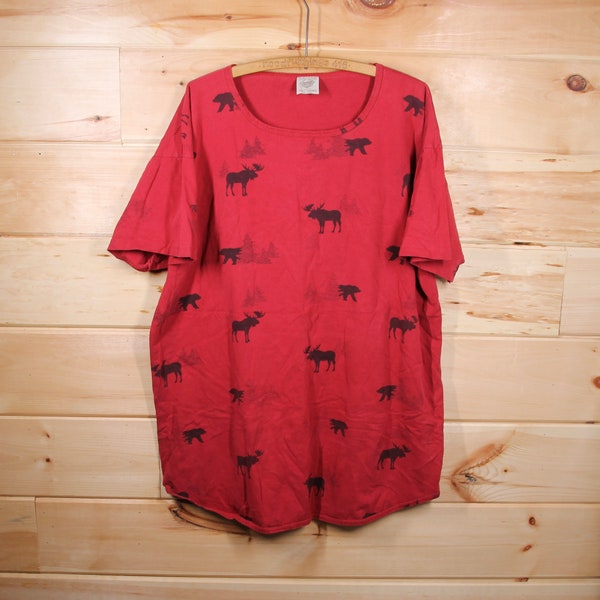 Vintage Women's Prairie Mountain Bear Moose All Over Print Nature Wildlife Red Single Stitch T-Shirt Adult Size OSFA (Fits