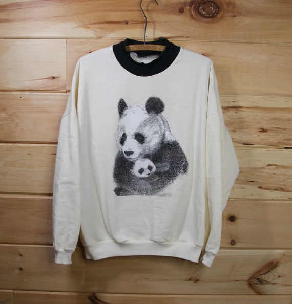 Vintage Panda Bear with Baby Cub White Pullover S… - image 1