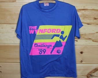 Vintage The Wynford Challenge 1989 YMCA Toronto Run Race Blue Single Stitch T-Shirt Adult Size Large