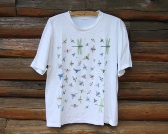 Vintage Bugs Fly DragonFlies DragonFly Bee Animal Nature White Single Stitch T-Shirt Adult Size Medium