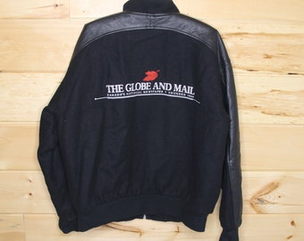 Vintage The Globe And Mail Canada's Newspaper Leather Trim Black Varsity Jacket Adult Size Large