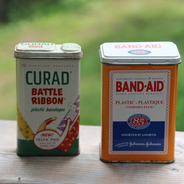 Lote vintage de 2 latas publicitarias de metal Band-Aid Bandages - Curad Johnson & Johnson