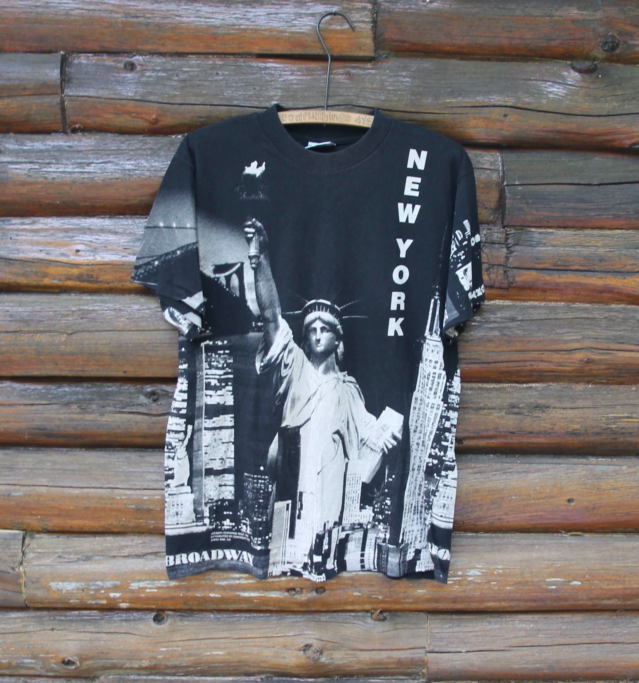 NeedfulThings416 Vintage New York City Statue of Liberty Edwards Teez 1998 Single Stitch All Over Print Black T-Shirt Adult Size Large