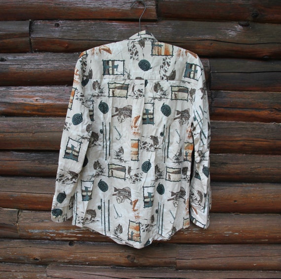 Vintage Fishing Fish All Over Print Natural Issue Button up Collared Long  Sleeve Shirt Adult Size Medium 