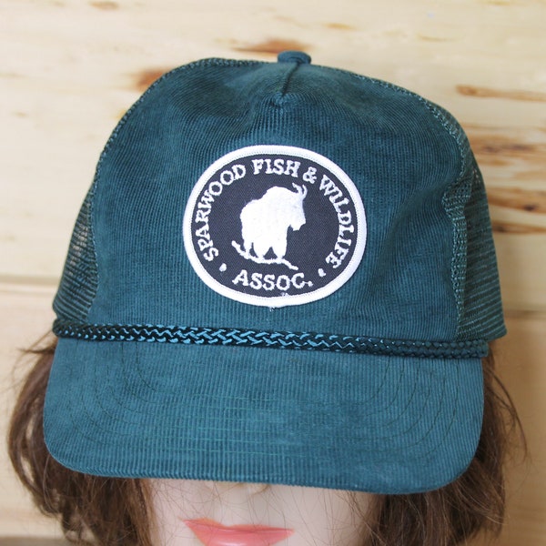 Vintage Sparwood Fish & Wildlife Association Green Corduroy Trucker Snapback Hat Cap BC British Columbia Canada