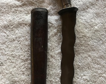 Antique Indonesian Dagger Silver Roped Wood Hilt, Jeweled Guard & Wood-Silver Rope Scabbard.