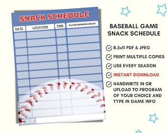 Baseball Snack Schedule Sign Up Sheet 8.5 x11, Snack Bags, Snack Calendar, Baseball Snacks Game Day Printable, Instant Download No Editing