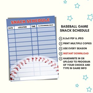 Baseball Snack Schedule Sign Up Sheet 8.5 x11, Snack Bags, Snack Calendar, Baseball Snacks Game Day Printable, Instant Download No Editing