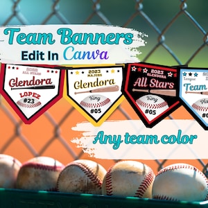 Honkbalteam bewerkbare wimpelbanners, honkbalbanner, Little League-wimpels, sportteams, alle kleuren, teambanner, zelfgemaakt bewerken in canvas