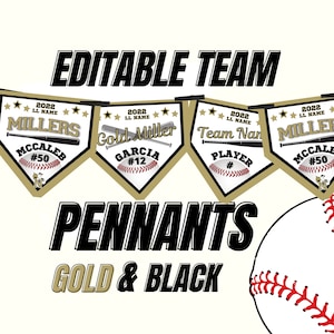 Baseball League Editable Pennant Banners, Gold & Black Team Templates, Tournament Door Signs, Edit in Canva DIY and Print Yourself